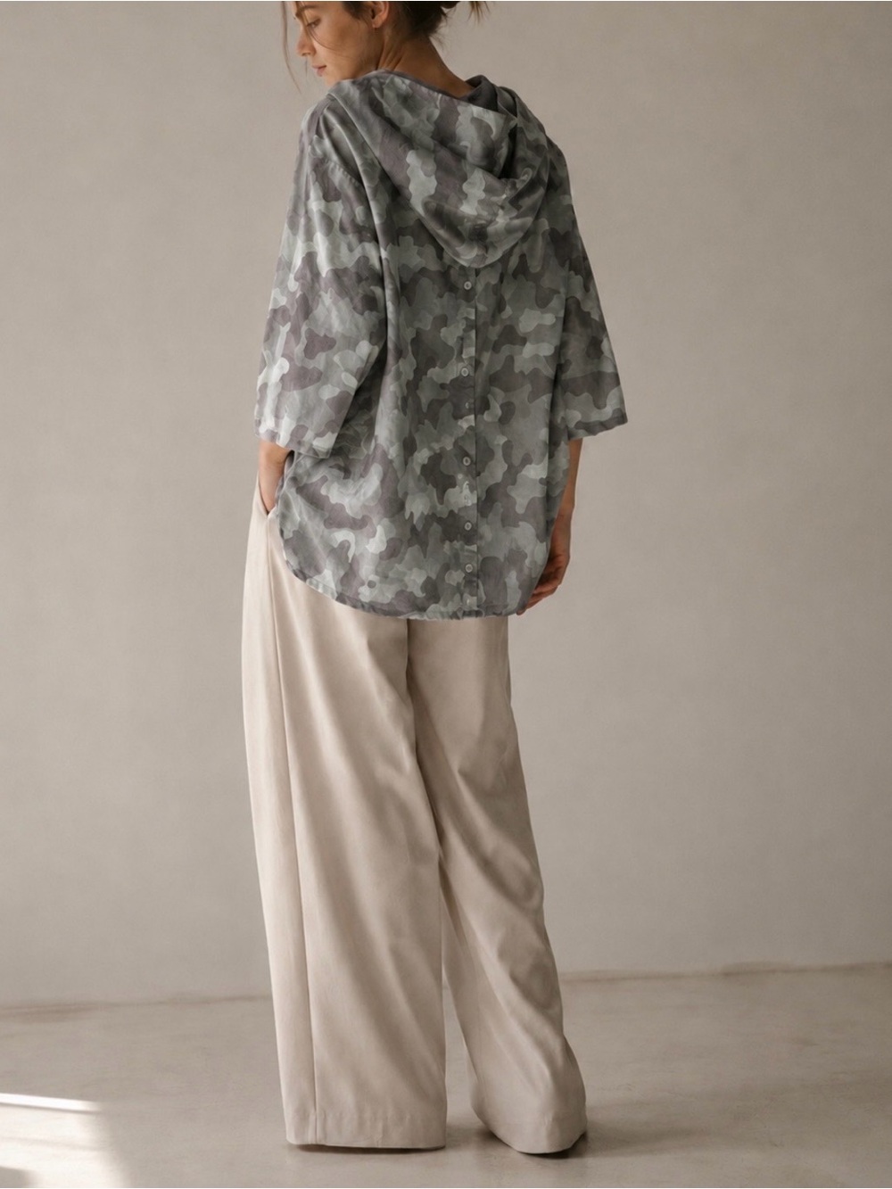 C&C California 100% Linen Hooded Camo Lagenlook Tunic 1X